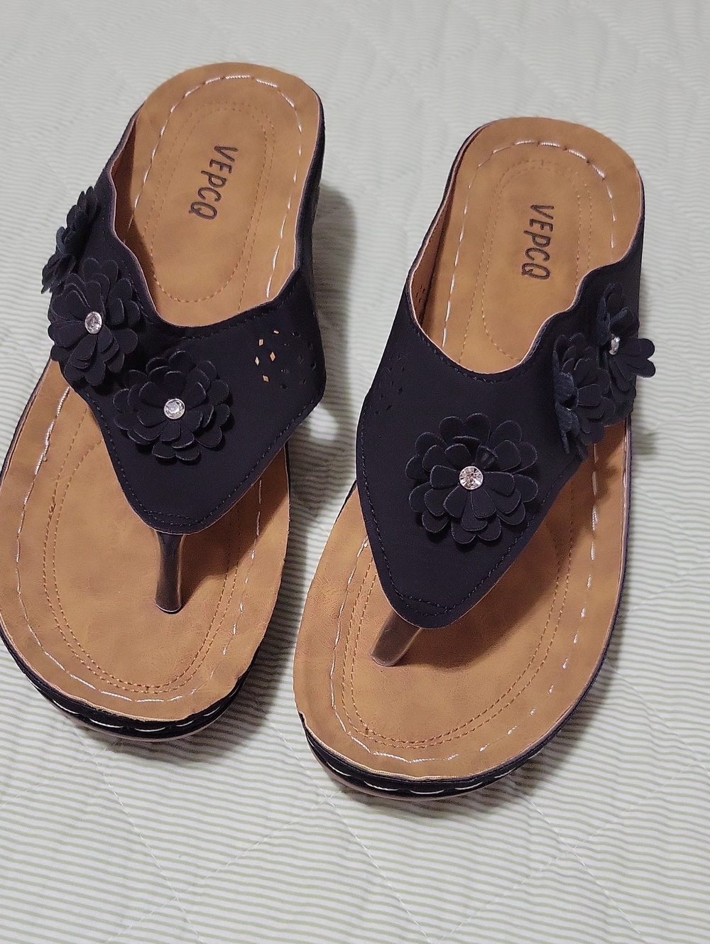 Women's Black Floral Thong Sandals